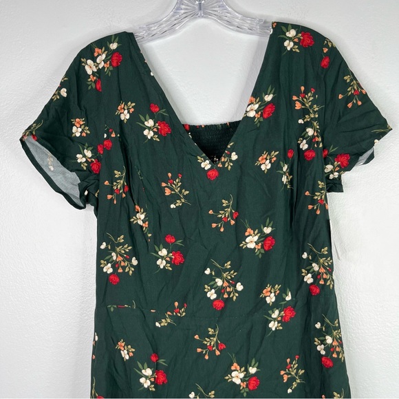 Old Navy Dress Women’s L Tall Green Red Floral V-Neck Smocked Short Sleeve Mini - Picture 5 of 12